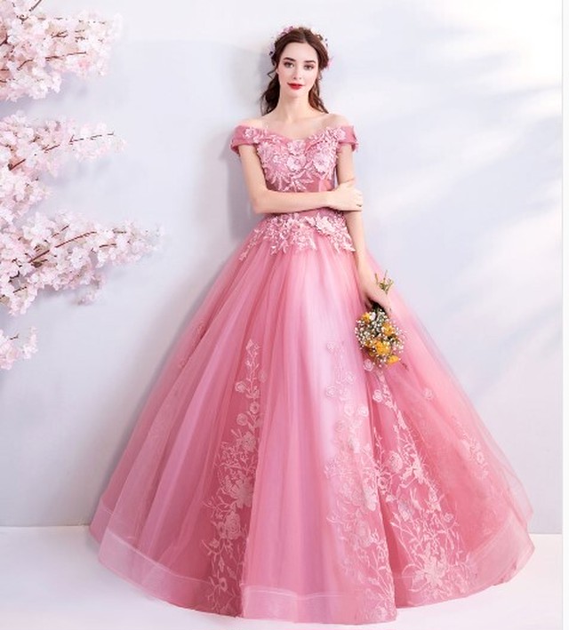 美品 カラードレス ピンク オフショルダー ロング 可愛い エレガント 細見えシルエット Cinderelladress