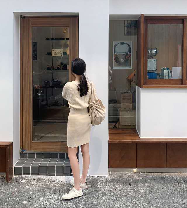 ワンピース 春ワンピース ニットワンピ ダイヤ柄 ミニ ショート アイボリー 無地 ベージュ シンプル タイト 伸縮 ストレッチ 長袖 秋 冬 10代 代 30代 40 Ptngt0549 Shop Suba