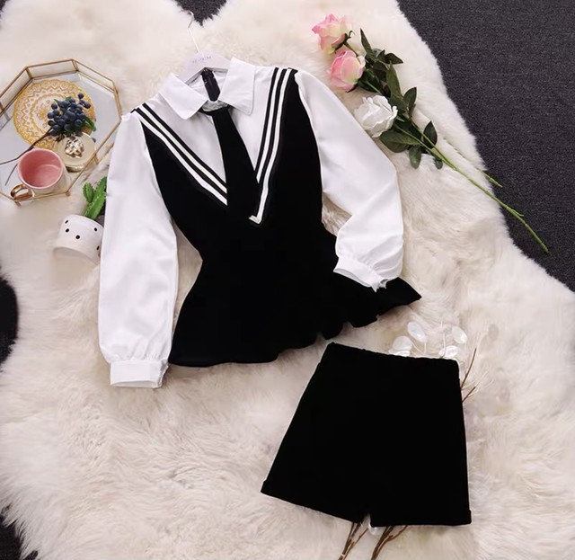 038 レディースファッション セットアップ ブラウス ベスト ショートパンツ ネクタイ付き 秋冬コーデ 新作 More Lluze モア ルーゼ