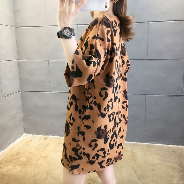 国内発送 ヒョウ柄 ｔシャツ レディース 七分袖 チュニック カットソー ゆったり 体型カバー カジュアル 白 夏 レオパード アニマル柄 Infini Arc En Ciel