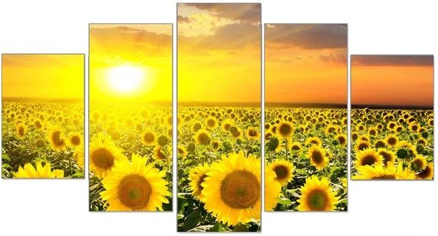 送料無料 木枠付き 壁掛け キャンバス 5枚組 ひまわり畑 夕日 夕暮れ 夏休み Summer おしゃれ インテリア ディスプレイ アート 輸入雑貨 Hachinohe Base 1518