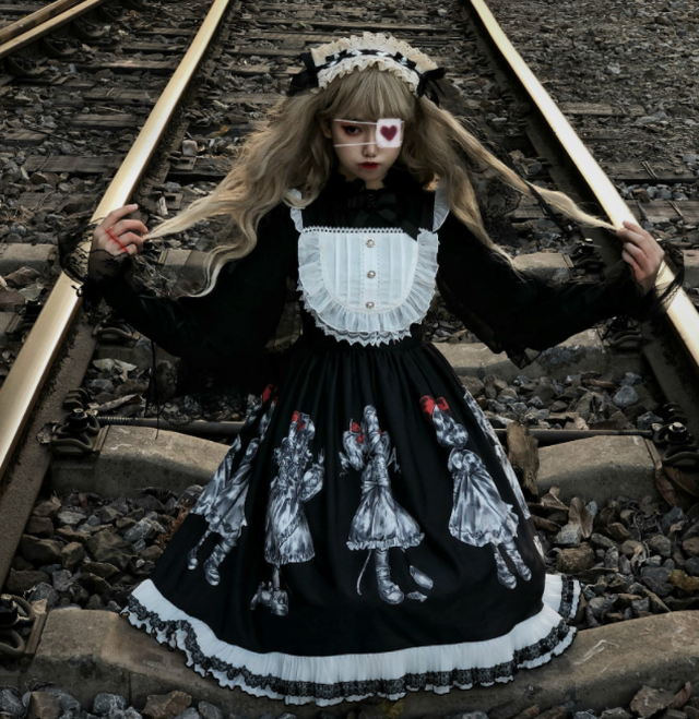 やみかわファッション コスプレ ロリータ ワンピース コスプレ ロリータ ロリィタ レディース 病みかわいい やみかわ 夢かわいい ゴシック ゴスロリ ワンピース ジャンパースカート エプロン ブラック フリーサイズ ハロウィン イベント クリスマス 送料無料 韓国