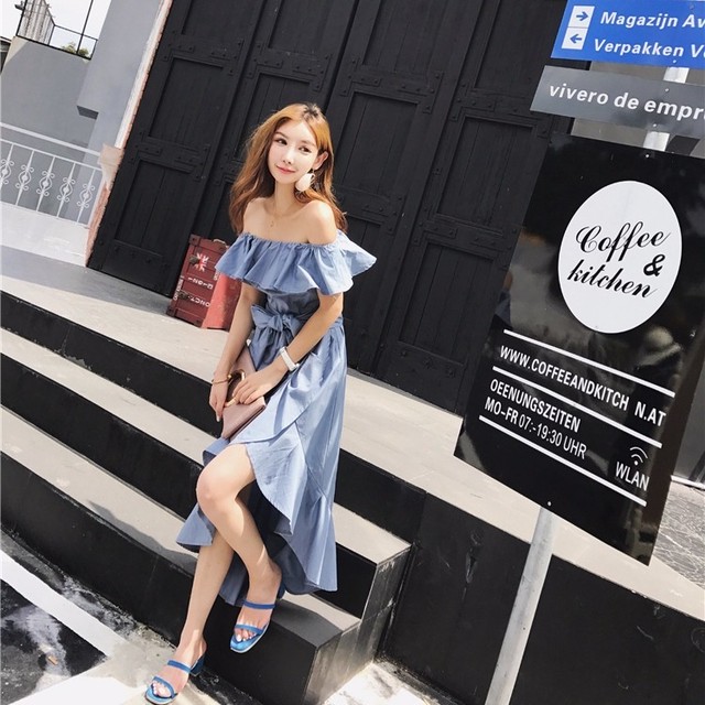 オフショルダーワンピース フレア フリル 不規則 前が短い後ろが長い Lavy 秋 冬 レディースアパレル Kosy