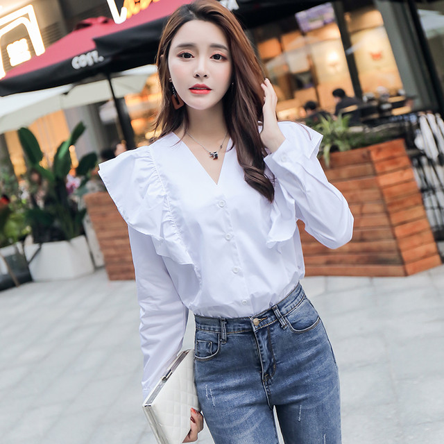 Vネック フリル ブラウス フリルシャツ 白シャツ 白ブラウス オフィス 長袖 肩フリル ショルダーフリル シンプル 1519 Sayurio レディースアパレル ファッション プチプラ アラサー アラフォー
