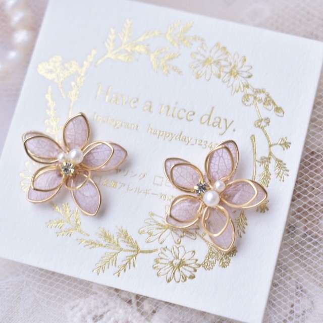 ワイヤーフラワー すみれ色 ピアス イヤリング Have A Nice Day