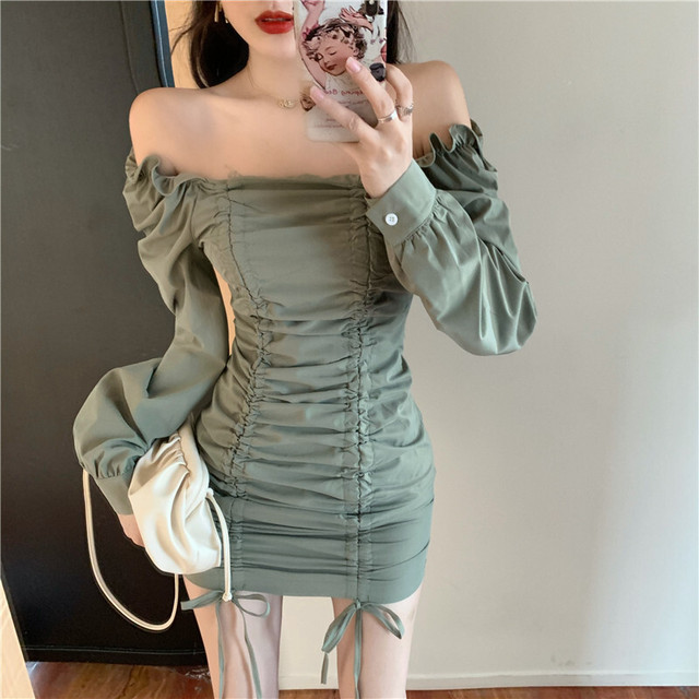 ワンピース きれいめ ミニ丈 ミニワンピース オフショルダー 長袖 ギャザー ブラック 黒 グリーン 大人 上品 大人可愛い タイト Evergreen