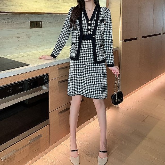 セットアップ 韓国 レディース 40代 スカート コーデ スーツ 30代 代 ツーピース ニット カーディガン ワンピース 千鳥格子柄 長袖 可愛い Dress No Sato