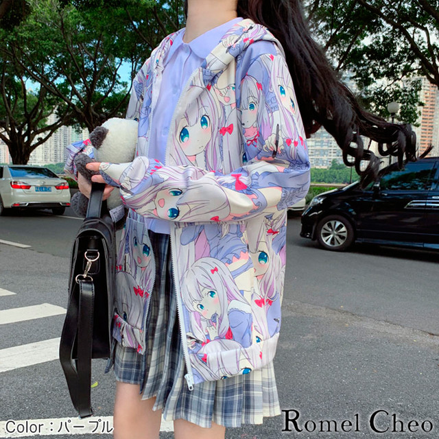 お支払い確認後日以内発送 Romelcheo ガーリー アニメ イラスト パーカー プリント 総柄 女の子 レディース 紫 長袖 かわいい 大人 可愛い 原宿系 青文字系 ロリータ 妹系 ティーンズ ファッション 制服コーデ ロメルチェオ Romelcheo