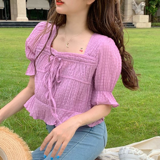 シャツ ブラウス フェアリートップ スクエアネック パフ袖 韓国ファッション レディース トップス シフォン ゆったり 大人カジュアル かわいい ガーリー Diatera ディアテラ 韓国ファッションプチプラ通販