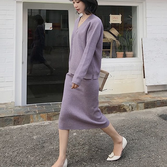 ニット セットアップ レディース トップス スカート ２点セット 長袖 ベージュ ピンク 黒 ブルー パープル 全5色 秋 冬 新作 A Otb Closet