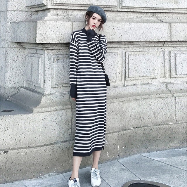 ストライプ ハイネック ロングニット ニットワンピース ハイネック ウール パフスリーブ ミモレ丈 ゆるフィット フレア タートルニット ボーダー Kanota