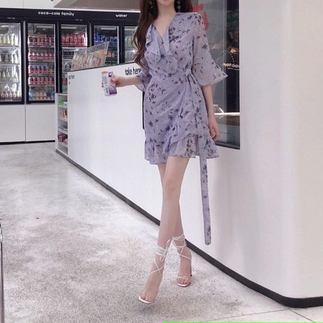 シフォンワンピース ミニワンピース 花柄 フリル Vネック カジュアル きれいめ かわいい お出かけ デート パープル 春夏 Like Fashion