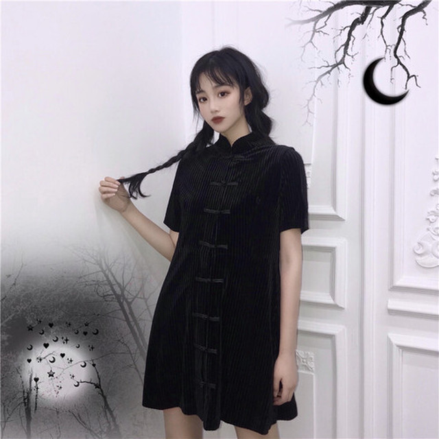 No 7906 L ブラック レディース チャイナ 服風 中国風 半袖 ワンピース かわいい レトロデザイン ショート丈 ミニ丈 カンフー 組みひも 結び釦 チャイナボタン スタンドカラー Next Dream