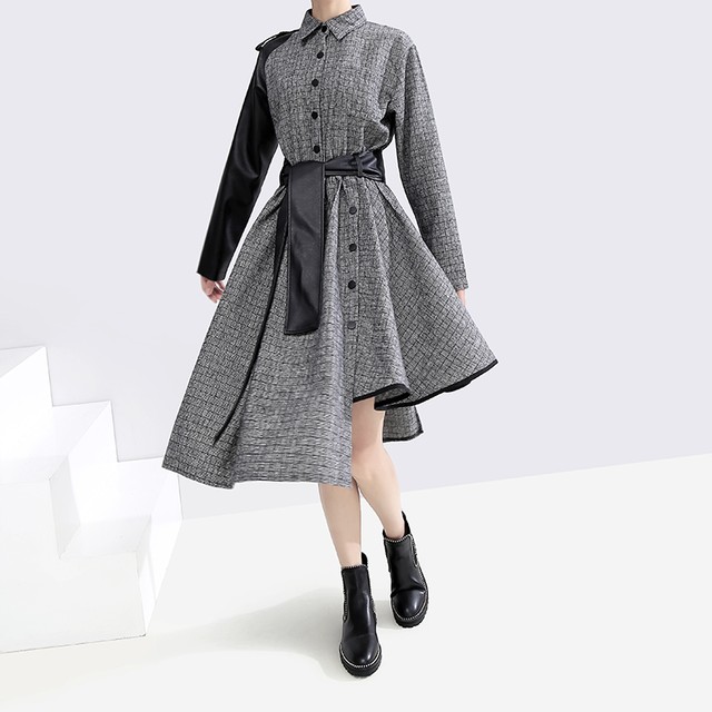 ワンピース 不規則 格子縞 シャツドレス ウエスト スキニーレース レトロ バイカラー カジュアルスーツ Mt Eclat