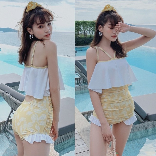 Sale 水着 レディース ワンピース モノキニ カジュアル かわいい フリル ボタニカル柄 パッド付き Keysfashion