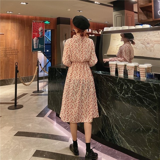 レディース ワンピース 春 秋 冬 シャツ ワンピースリボン 長袖 ハイウエスト ロング ミモレ丈 小花柄 ワンピース シンプル カジュアル おしゃれ ガーリー 大人可愛い お出かけ デート 通学 学生 キャンパス 旅行 女子会 普段着 ブラック ブラウン アプリコット 黒 茶色