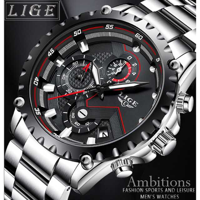 Lige メンズ腕時計 クロノグラフ Army Military Sport シルバーブラック Relogio Masculino 91 Ambitions