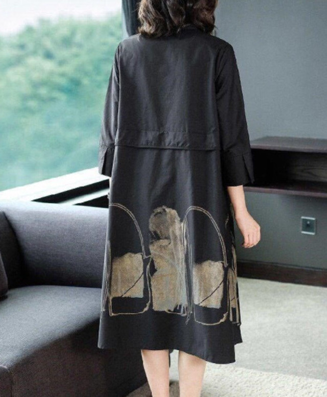 Top Mode ワンピース ゆったり Cool 七分丈 マキシ丈 モード系 黒 ブラック レディース 大きいサイズ 丸襟 大人女子 かわいい ゴシック 韓国 原宿系 体型カバー ストリート オルチャン 大人可愛い ゆったり かわいい モダン 春夏 着痩せ効果 大人カジュアル かっこいい