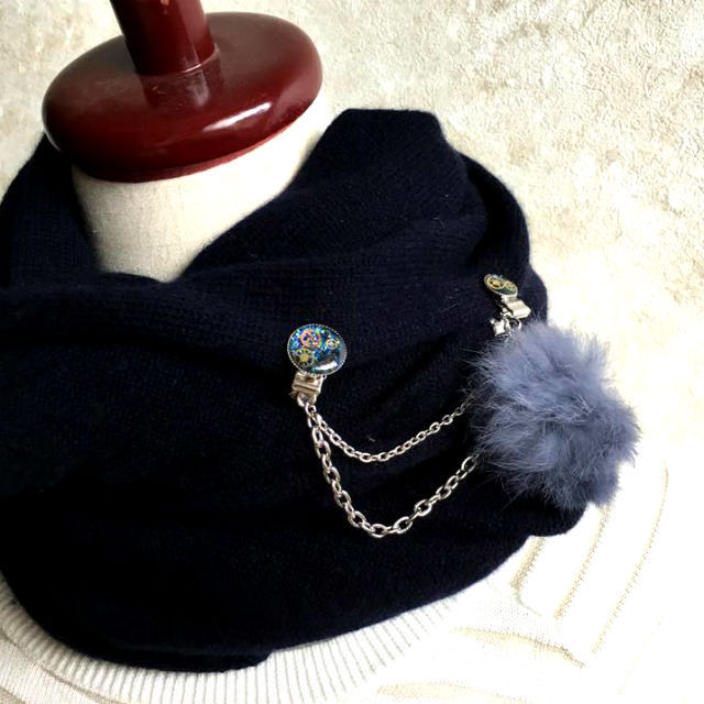 マフラーや帽子留めに クリップチェーン シルバー金具 ファー付 全4色 時計パーツアクセサリー Kayo Movement