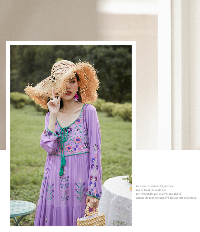 Top Mode レディース柄ワンピース ロング丈 長袖 刺繍入り ゆったり 体型カバー ふんわり 透け感 エスニック カジュアル ホワイト パープル 白 紫 Sweet Rmd624 Top Mode