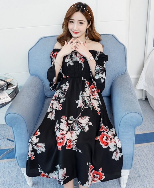 0079 花柄 オフショルダー ロングワンピース Osmanthus