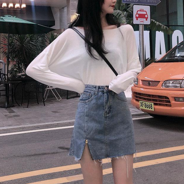 Set 人気急上昇中 セットアップシンプルｔシャツ スリットデニムスカート Nanastyle