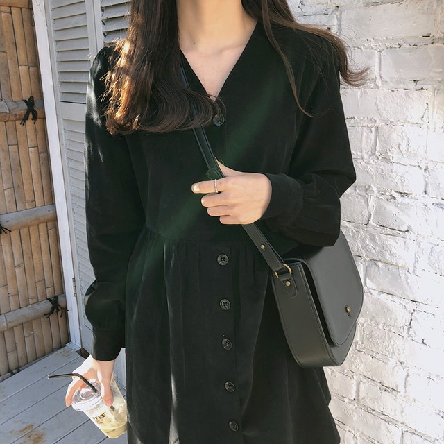 レディース 秋 冬 黒 ブラウン 長袖 カジュアル レトロ ハイウェスト ワンピース シャツワンピース Aラインワンピース Vネック スカート 膝上 シンプル カジュアル おしゃれ 大人可愛い Kirihara