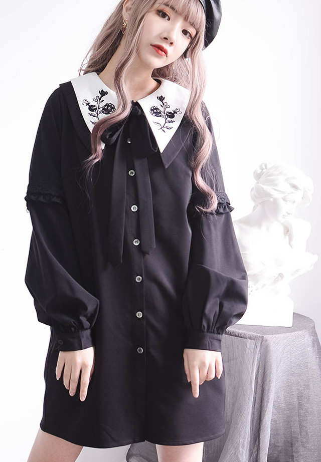 Top Mode ワンピース モノクロ 長袖 半袖 ゆったり シック ブラック 黒 Bitter レディース 個性的 サブカル チャイナ風 パンク サブカル ゴシック 秋冬 着痩せ効果 大人カジュアル かっこいい かわいい Z190 Top Mode