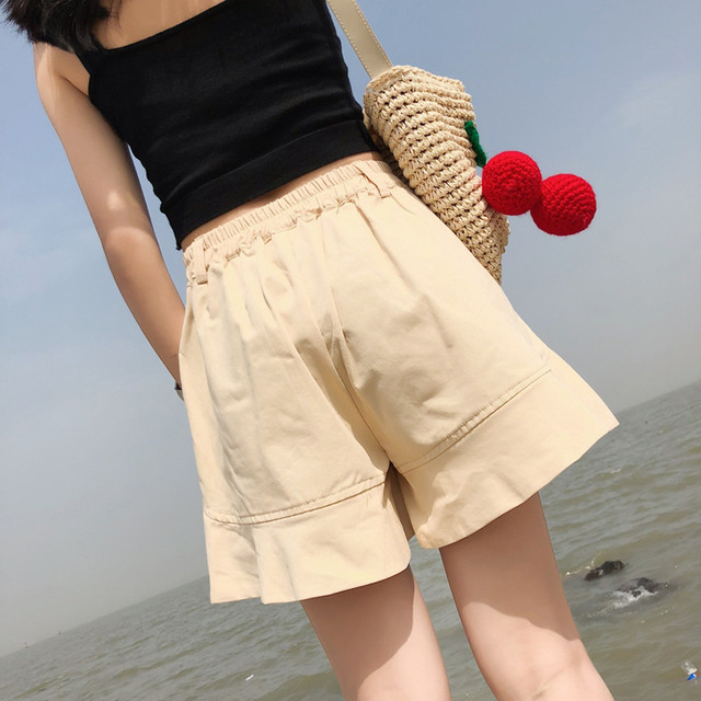 ワイドレッグパンツ大学風フリルハイウエストショートパンツ ハイウェスト 大人ガーリー スウィート キュート カジュアル サマー 夏物 ショーツ ブルマー ワイルド レディース 送料無料 Idufs レディース 韓国ファッション 直輸入通販 セクシーワンピース