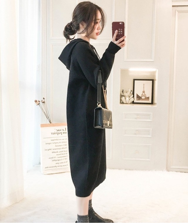 ワンピース フード付き 厚手 ロング丈 シンプル 無地 大人可愛い カジュアル 秋 冬 ママコーデ デート お出かけ Mh2473 Valentina210