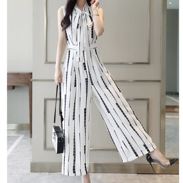 ノースリーブ パンツドレス きれいめ 大人 上品 パーティー オールインワン リボン ロング ボウタイ ストレート スリム Fashionlover