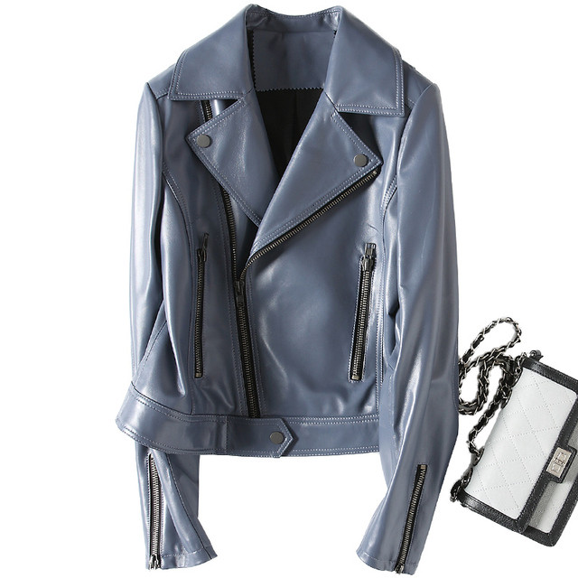 パボスティ秋冬新作ハイニングレザーシープスキンレディースバイクスーツスリムファッションショートレザージャケットw1 Kawayosi