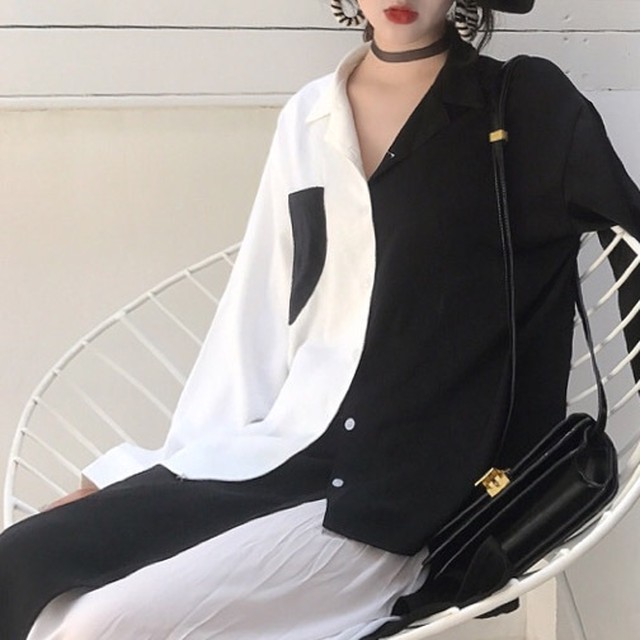 白黒 アシメ アシンメトリー モノトーン 総柄シャツ 開襟シャツ 長袖 シャツワンピース ブラウス 白 黒 肩落ち ドロップショルダー トップス レディース 単サイズ ゆったり 原宿 韓国 お洒落 かわいい 新品 秋物 冬物
