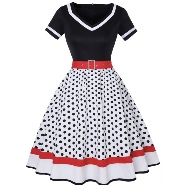 再入荷 即納 襟白ライン入りのホワイト 黒ドットのロカビリーワンピースドレス ベルト付き イチゴちゃんショップ