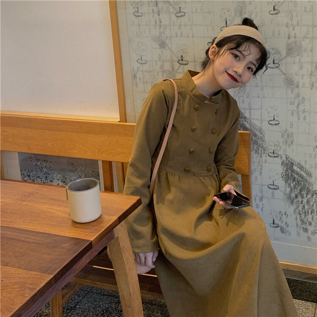レディース ワンピース ロング ワンピース ドレス 長袖 スタンドカラー ロング丈 ミモレ丈 ハイウエスト フレア ａライン スカート ダブルボタン シンプル カジュアル おしゃれ 大人可愛い レトロ お出かけ デート 通勤 通学 旅行 普段着 カーキ Hf Haru Meets Foo