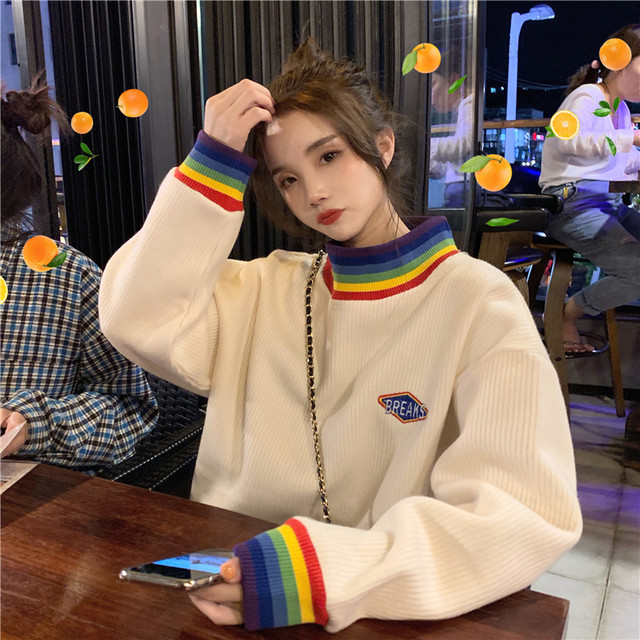 レインボーカラー ハイネック トレーナー カジュアル レディース トップス 秋冬 長袖 スウェット レトロ オルチャン 韓国 デイリー 着回し Ptnym2456 Shop Suba