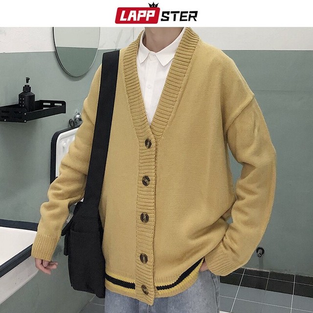 Lappsterメンズソリッドイエローカーディガン秋メンズボタンアップ冬ニットセーターレディース特大 オータム 秋物 ウィンター 冬物 ソリッドカラー Lappster公式ストア Efect