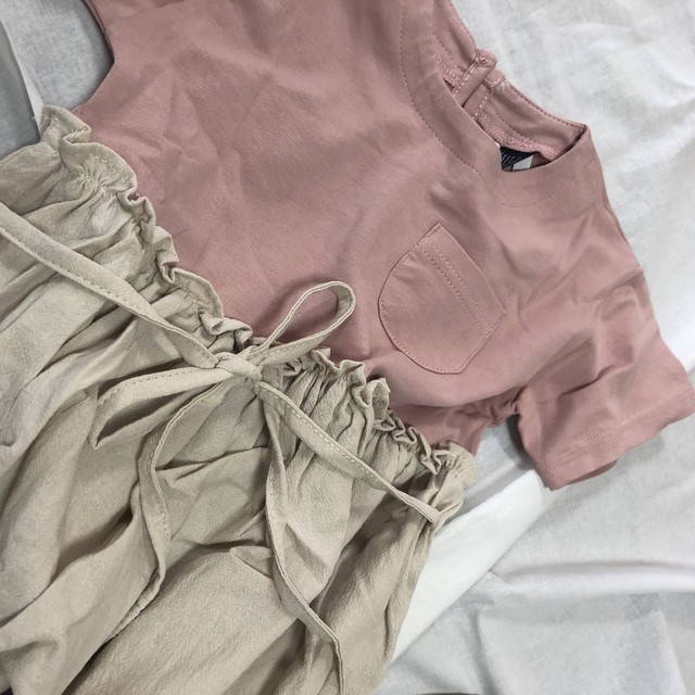 即納 女の子が大好き カジュアルな切り替えワンピース ピンク リボン付き 韓国子供服 半袖 Bloominess