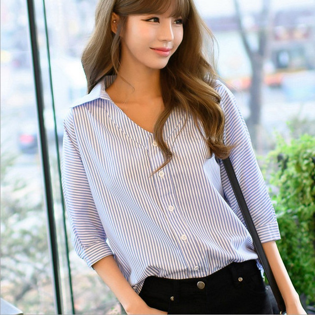 シャツ レディース ブラウス トップス 七分袖 シャツブラウス ストライプ カジュアル ドルマンスリーブ 着痩せ Vネック ブラウス 通勤 春夏 F6846 Reflet