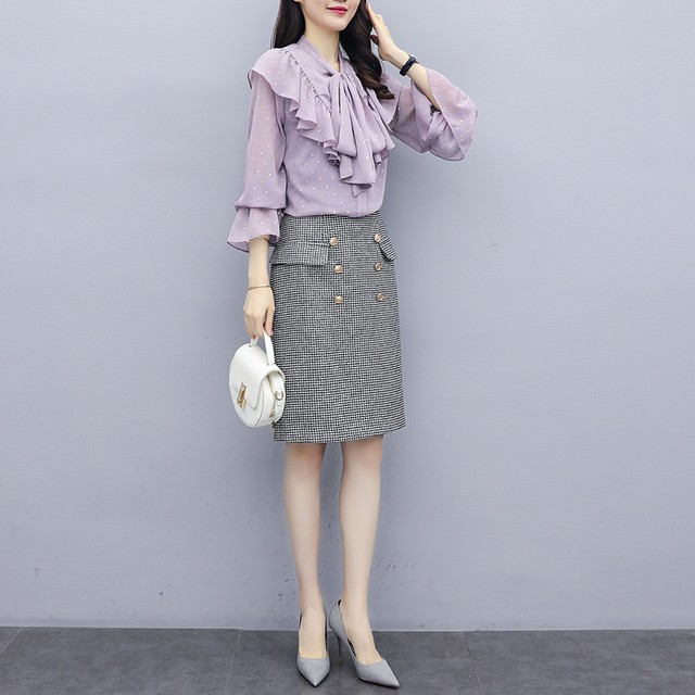 セットアップ ブラウス 長袖 フリル シースルー スカート 膝丈 タイト 千鳥柄 おしゃれ お出かけ デート 秋 冬 Quadrifolie クローバー