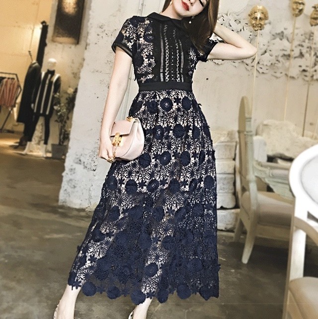 襟付きネイビーレースワンピース Mamie For Daily