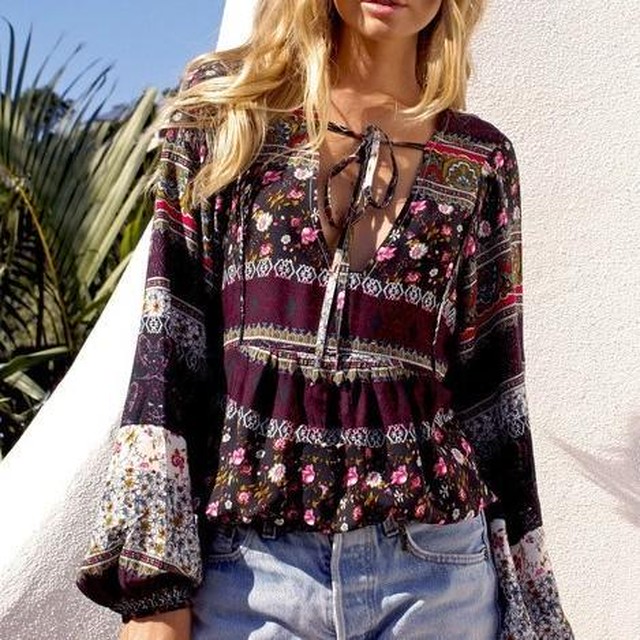 Long Sleeve Boho Floral Fashion Print Tops Fashion Closet