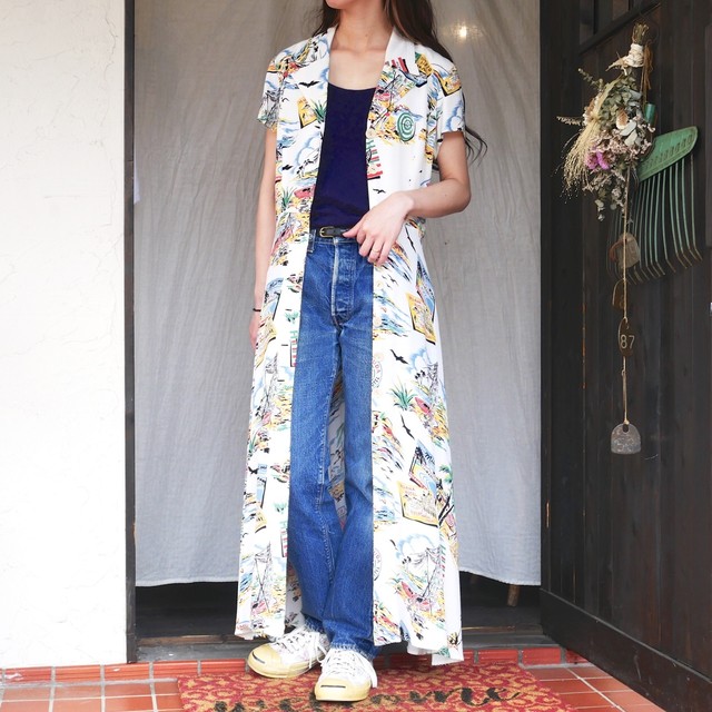 Used アロハ柄 前開き 半袖 シャツ ワンピース Racey