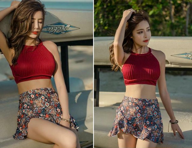 タンキニ フリル 花柄 かわいい スカート 三点セット バンドゥビキニ 韓国水着 体型カバー ビキニ 大人可愛い 海 夏 赤 ワインレッド 韓国アパレル 通販サイト ネットショップ Amour