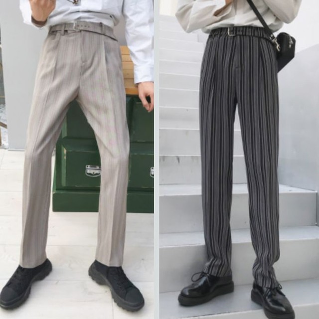 ストレートパンツ ストライプ ベルト ロング丈 ワードローブ ポケット メンズ ブラック 黒 ベージュ シック 韓国 お支払い後日以内に発送 Btm179 Garcons