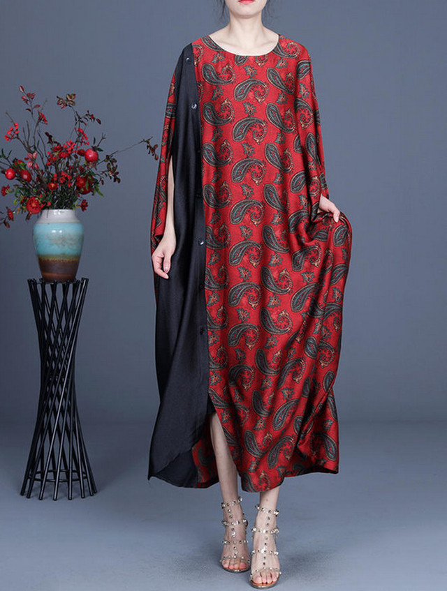 Top Mode オーバーサイズプリントワンピース サテン ワンピース 春 きれいめ ロングワンピース マキシワンピース レディース オーバルネック 半袖 ドルマン袖 切り替えワンピ ロング マキシ Aお呼ばれ ワンピ 大人 体型カバー サテンワンピース 黒 ブラック 赤 レッド