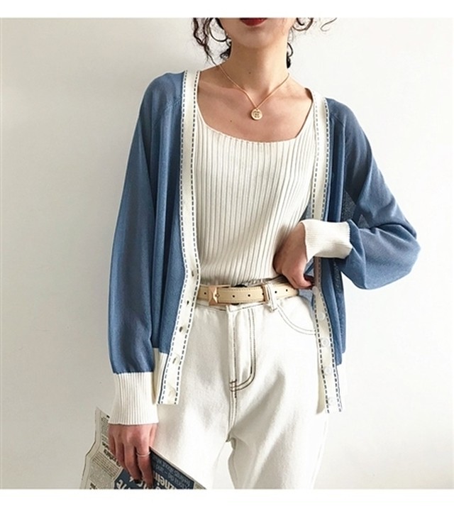 韓国ファッション カーディガン 春物 夏物 ゆったり ニット カーディガン レディース バイカラー 薄手 春物 長袖 Vネック エレガント 韓国ファッション フリーサイズ Younger 韓国人気レディースファッション