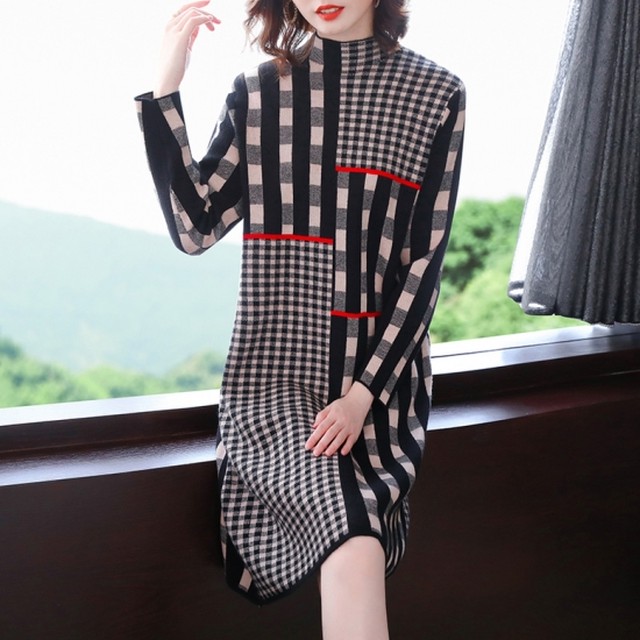 ニットワンピース チェック ニット レディース チェック柄 切替ワンピースニット ひざ丈 秋冬ワンピース レトロ Af4390 Raxia ラクシア