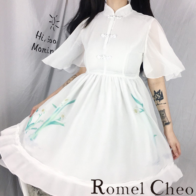 Romelcheo チャイナシースルーワンピ モノクロ チャイナ服 レディース 花柄刺繍 原宿系 かわいい ロリータ 青文字系 アジアン ガーリー フレアーワンピ エスニック フラワープリント 黒 白 モード系 モノトーン ロメルチェオ Romelcheo