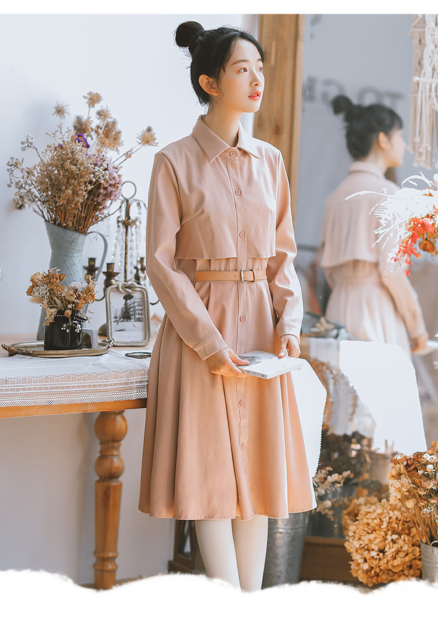 ワンピース 長袖 膝丈 フレア プリーツ ウエストベルト 襟付き シンプル 大人カジュアル 秋 ｇｄｒ